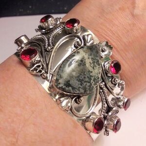 Garnet Dendritic Opal 925 Sterling Silver Cuff Bracelet